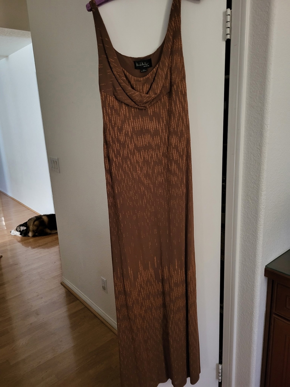 Nicole Miller Brown Metallic-Accent Sleeveless Maxi Dress